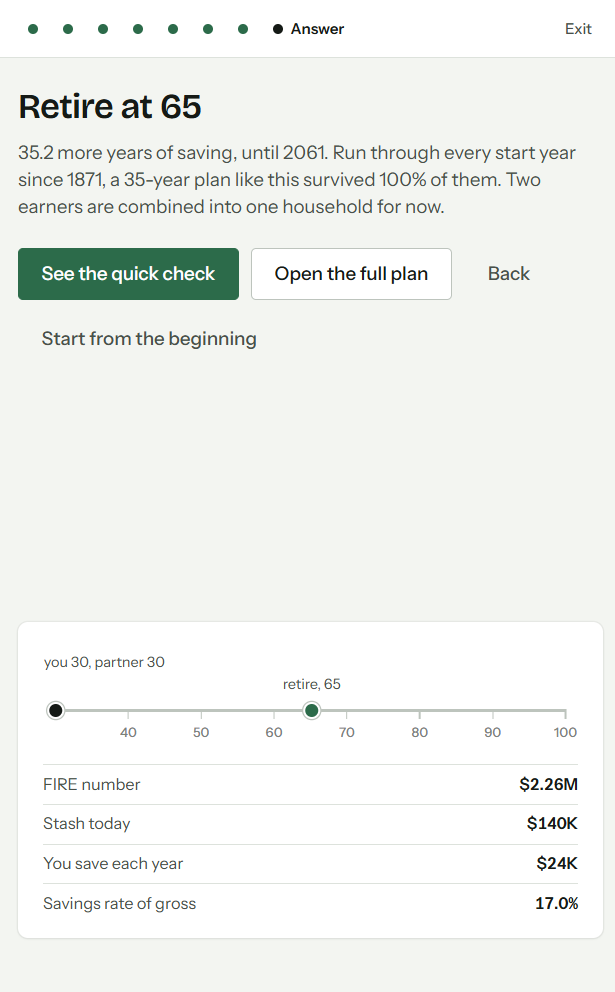 The final onboarding step showing a retirement age, the target balance, and how much is saved each year